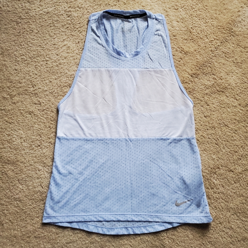 NIKE Running Dri-Fit Semi-Sheer Tank Top light blue white mesh breathable sz Sm